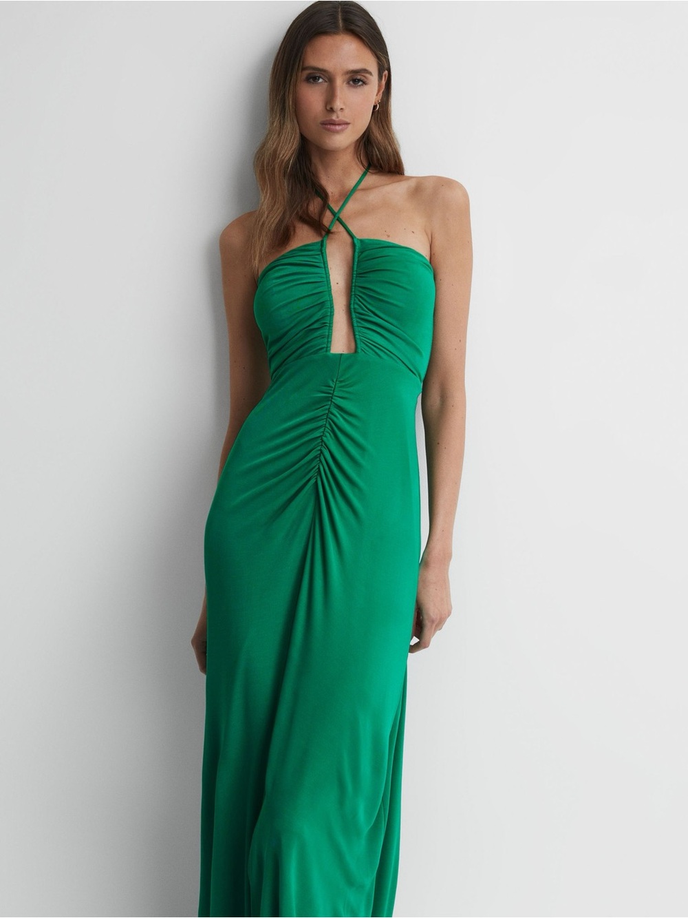 Reiss Emerald Green Strapless Ruched Halter Gown